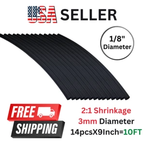 1/8" ID Black Heat Shrink Tube 2:1 ratio wrap (14x9" = 10 ft) inch/feet/to 3mm - Picture 1 of 1