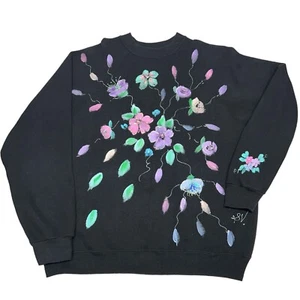 Vintage Tultex Women’s Size XL Floral Graphic Black Pullover Sweatshirt USA Made - Picture 1 of 9