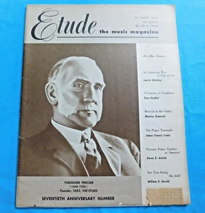 ETUDE MAGAZINE OCTOBER 1953 "THEODORE PRESSER" FOUNDER OF ETUDE, 1848-1925 - Foto 1 di 5