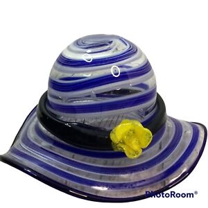 Vintage Hand Blown Swirl Art Glass Hat Blue Yellow Black Clear Dish Bowl
