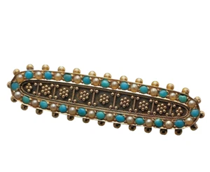 Prístino Broche Victoriano Antiguo Oro 15ct Turquesa y Perla, Cuentas Niello - Imagen 1 de 20