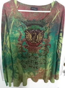 Lane Bryant Langarm türkis/schwarz/braun Perlen U-Ausschnitt Poly-Mischung Top 18/20 - Bild 1 von 6