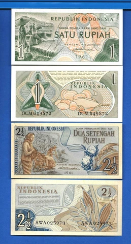 Indonesia 1 & 2 1/2 Rupiah 1961 World Paper Money Uncirculated Banknotes Set #5 Cover