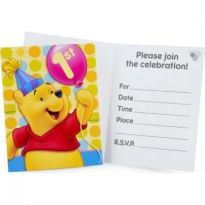 INVITACIONES DE FIESTA DE PRIMER CUMPLEAÑOS WINNIE THE POOH Relleno Disney Niños Niña Bebé NUEVO Foto 1 de 2