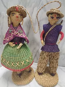 Handmade Handwoven 7.25" Tall Straw Man & Woman, Doll, Colorful, Made in Ecuador - Picture 1 of 15
