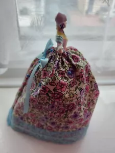 Vintage half pin cushion doll new body wadding floral skirt blue lacey hem 1 Fab - Picture 1 of 7