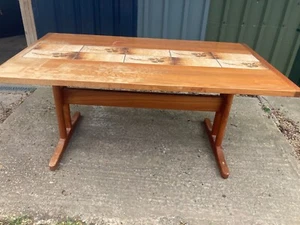Vintage 1970s Brown Wooden Teak Dining Refectory Table with Ceramic Tile Centre - Picture 1 of 10