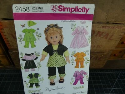 2458 18" Doll Clothes Hat Scarf Sun Dress Top Pants Simplicity Sewing Pattern - Image 1 of 2
