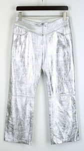 SANDRO Iggy Trousers Women's LARGE Lamb Leather Metallic Cropped Silver