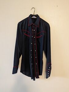 Vtg Black With Red Piping Cowboy Western Shirt Men's M Long Sleeved