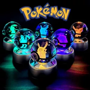 Pokemon 3D Crystal Ball Glass Pokeball Orb and LED Light Stand Perfect Kids Gift - Picture 1 of 33