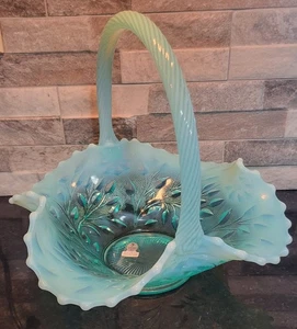 Fenton Baby Blue Opalescent Glass Leaves Large Basket Ruffled Edge - Picture 1 of 9