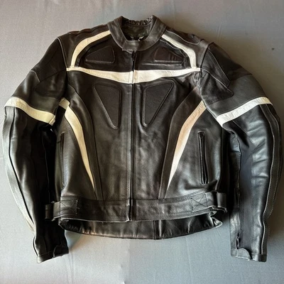 FieldSheer Leather Motorcycle Jacket Size 38 2004 Black N White Padded Biker Zip - Image 1 of 4