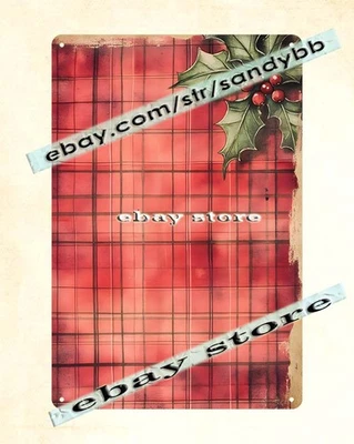 Red Plaid Tin Sign Rustic Christmas Border Design - Image 1 of 4