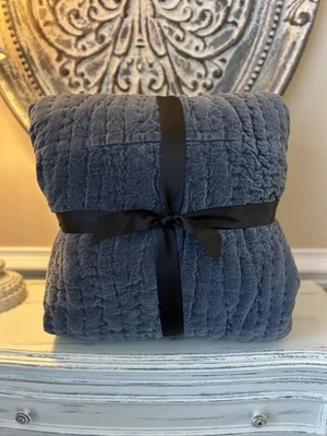 Pottery Barn Washed Velvet Handcrafted KING/CAL. KING Quilt Cobalt PRE-OWNED - Image 1 of 4