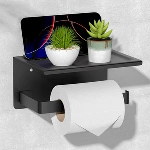 Toilet Paper Holder with Phone Shelf Matte Black, Adhesive or Screw Wall Moun... - Picture 1 of 8