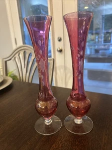 Vtg Cranberry Ruby Flash Glass Flower Vases Stemmed Etched Floral 9.75" Two - Picture 1 of 7