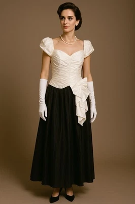 Roberta California Vintage Gown 7/8 Taffeta Tulle Ruching Bow Black Ivory USA - Image 1 of 4