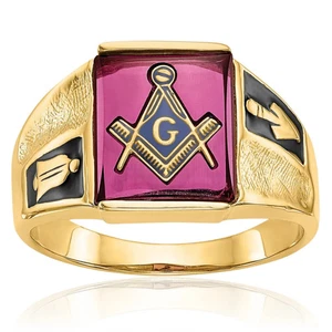 14K Solid Yellow Gold Mens Black Lab Ruby Masonic Ring - Picture 1 of 11