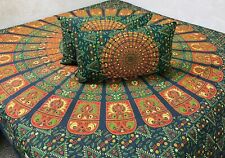 Indian Double Cotton Mandala Print Bedsheet Bedspread with 2 pillow covers Green
