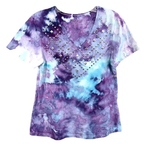 Crystal Kobe Medium Top Handarbeit Batik Nieten V-Ausschnitt T-Shirt lila blau 643 - Bild 1 von 9