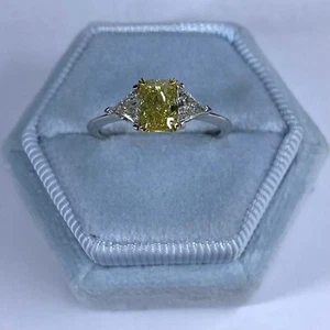 3 Stone GIA 1.41 TCW Intense Yellow Cushion Diamond Engagement Ring 18k Gold - Picture 1 of 13