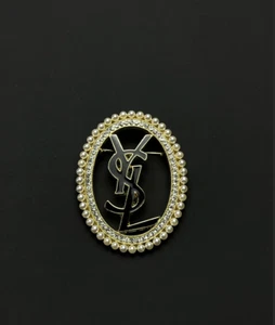 Yves Saint Laurent Wonderful Vintage Gold Brooch YSL Logo With Stones And Pearls - Picture 1 of 9