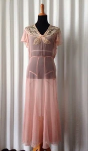 Vintage 30's Pink Sheer Silk Dress With Lace Size S - Picture 1 of 12