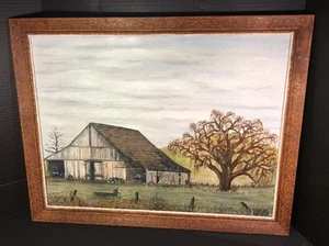 Quadro vintage acrilico su tela legno incorniciato 26,5wx21L vecchio nonno fienile - Foto 1 di 8