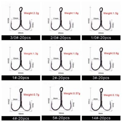 20pcs Black Fishing Hook Sharp Treble Hooks Size 2 4 6 8 10 12 14 1/0 2/0 3/0  - Image 1 of 4