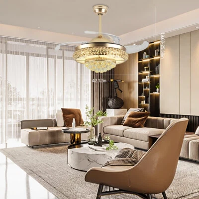42"/36" LED Crystal Chandelier Invisible Ceiling Fan Light 3 Color Lamp & Remote - Image 1 of 4