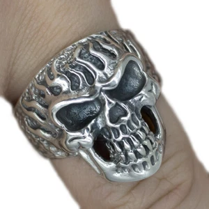 15g fire flames skull biker harley goth motorcycle 925 sterling silver mens ring - Picture 1 of 12