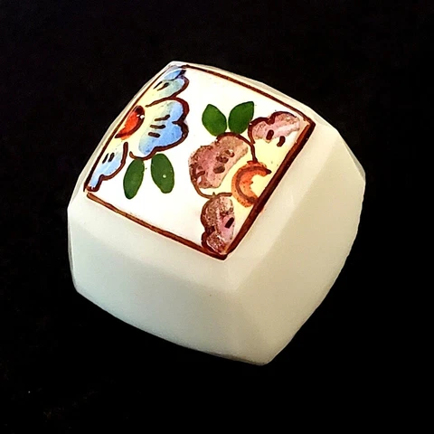 Glass Cube with Colorful Enamel Flower Top Antique Button 11/16" Cover