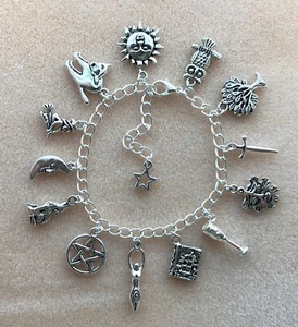 Wicca Pagan Pentagram Green Man Sun Moon Charm Bracelet Goddess Witch - Picture 1 of 8