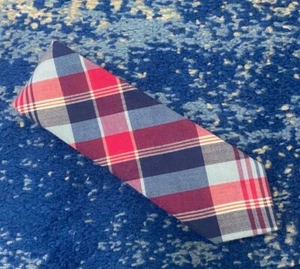 J.Crew Pink Blue White Bias Plaid Cotton Slim Skinny Narrow Necktie Handmade USA - Picture 1 of 4