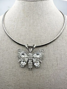 Silver Tone Rhinestone Butterfly Pendant Omega Necklace 17” - Picture 1 of 8