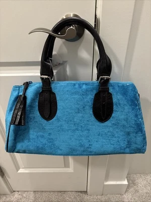 Bolso de Mano Glenda Geis Azul Chenilla Correa de Cuero y Borla Floral Forrado Satinado Nuevo Foto 1 de 4