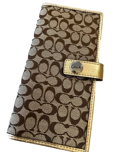 Cartera plegable Coach Signature Collection logotipo lona tostada cuero dorado NUEVA - Imagen 1 de 12