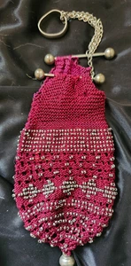 Vintage viktorianische Tasche kleine Misers Handtasche burgunderrot Stahlperlen (REPARATURBEDÜRFTIG) - Bild 1 von 11
