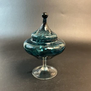 Vtg Empoli Glass Apothecary Jar Blue Teal Peacock Circus Tent Candy 10” W/Lid - Picture 1 of 11