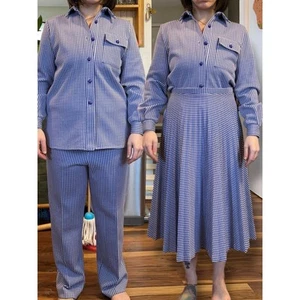 Vintage 70s Womens Leisure Suit Blue Gingham Set Skirt Pants Shirt Polyester - Picture 1 of 12