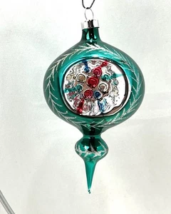 Vintage zweistufiger Tropfeneinzug Reflektor Endstück grün Glas Weihnachtsschmuck - Bild 1 von 5
