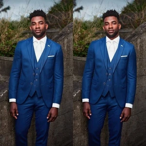 Trendy Men Suit Blue 3 Pcs Wedding Groom Tuxedos Formal Suit Jackets Prom Vest - Picture 1 of 15