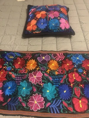 Handmade Mexican Embroidered Floral Table Or Bed Runner And Pillow - Image 1 of 4