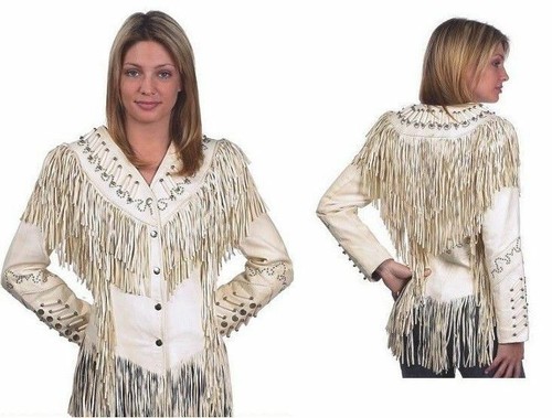 OFF WHITE Giacca donna in pelle bianco sporco con perline borchie osso e frange con bottoni a pressione