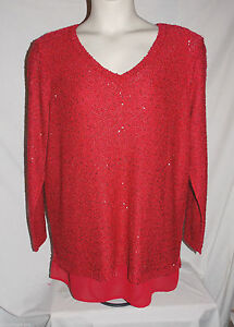 NEW Apt 9 Womens Festive Sequins V neck Mixed Media Sweater Tunic Red 1X 16 NWT