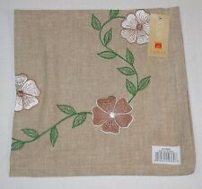 (6) Lintex 100% Cotton Embroidered Napkins ~ Brown Green White Floral 18"x18"NEW