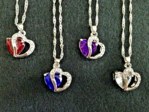 Heart Necklace in Silver Tone and 4 Stone Colors Valentines Love - Picture 1 of 9
