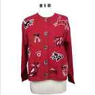 Northern Isles S Red Embroidered Cat Fish Cardigan Button  Front Sweater Vintage