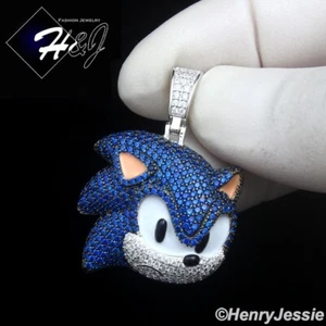 925 STERLING SILVER FULL BLING BLUE CZ HIPHOP 3D SONIC CARTOON PENDANT*SBP489 - Picture 1 of 5